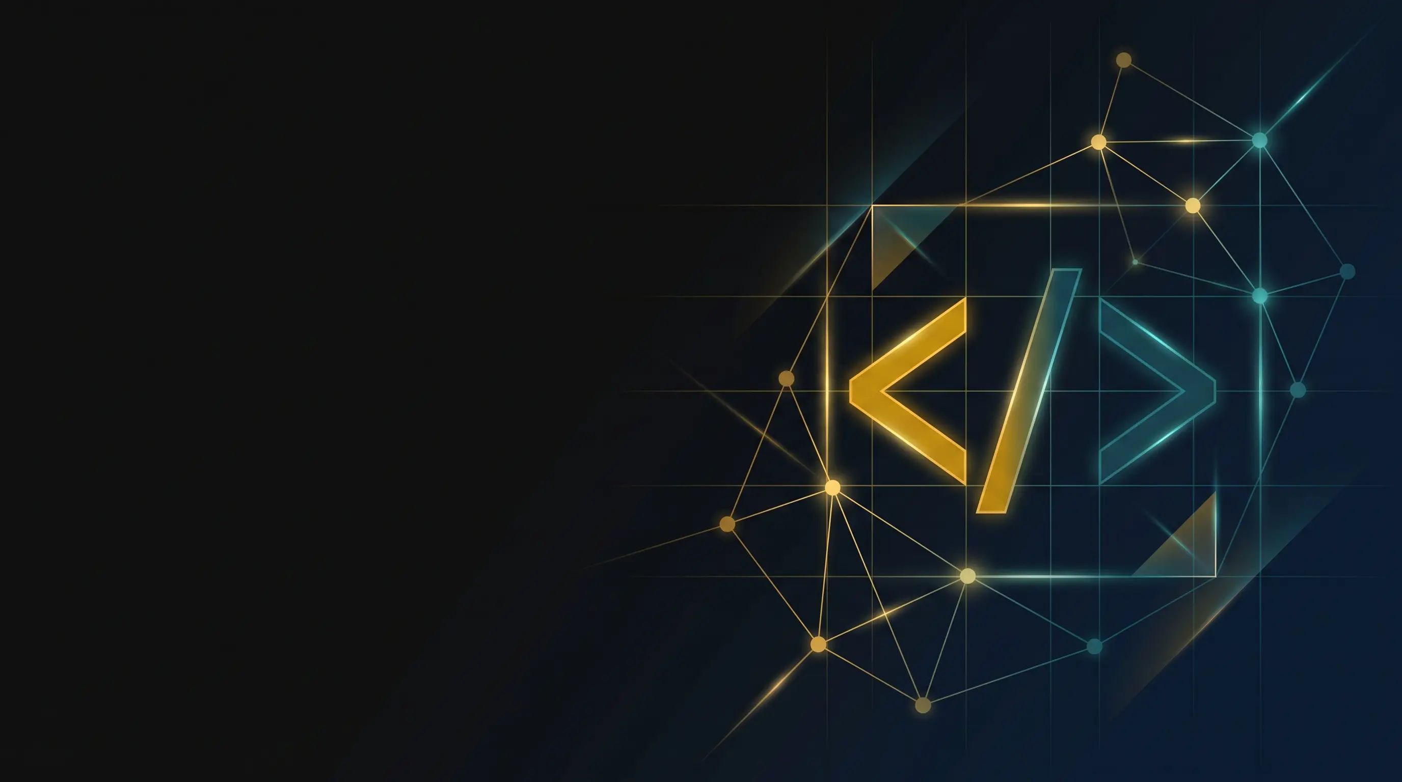 Gold and teal code bracket and node network artwork for TIM web development in Cape Town